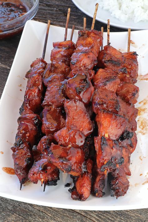 Try this Filipino BBQ on Skewers. A perfect combination of sweet, salty, and sticky! | www.foxyfolksy.com Leftover Bbq Pork, Pinoy Bbq, Filipino Pork Bbq, Filipino Spaghetti, Filipino Bbq, Pork Barbecue, Banana Ketchup, Foxy Folksy, Bbq Pork Recipes