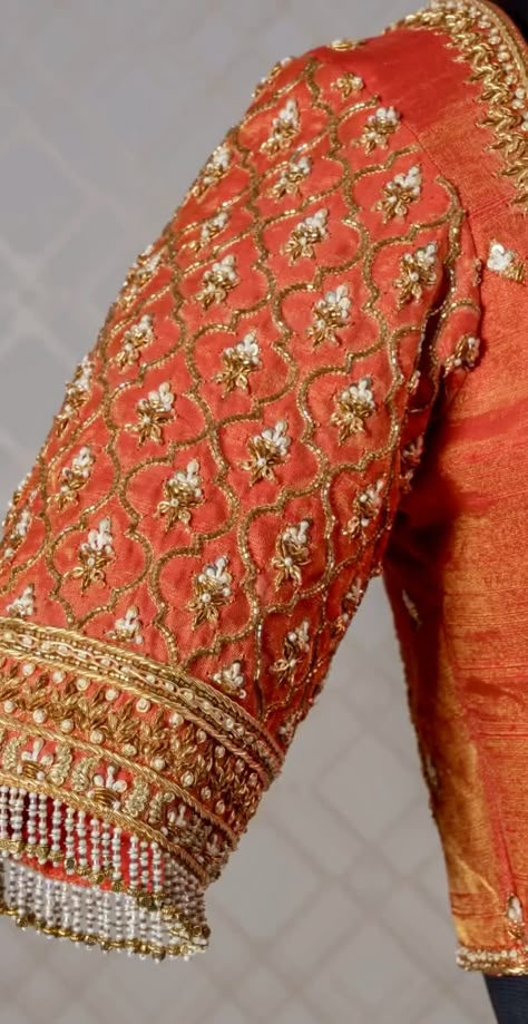 Bridal Handwork Blouse Design, Maggam Work Blouse Designs Bridal Heavy, Orange Blouse Maggam Work Designs, Orange Blouse Designs, Handwork Blouse Design, Bridal Blouse Designs Heavy Work, Latest Maggam Work Blouses, Exclusive Blouse Designs, Handwork Blouse