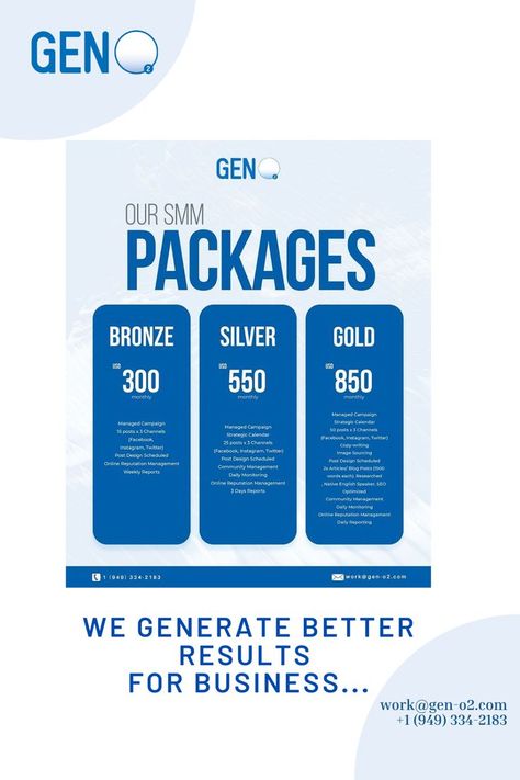 Catering to our vast clientage, GEN O2 now offers three SMM packages for startups, businesses and NGOS for their customised social media appetite. We offer market competitive rates with an outstanding team that provides quality service delivery by a through company profiling. Explore more about the details of our Bronze, Silver and Gold Packages on our website and read about what our existing clients have to say about US! #socialmediamarketing #digitalmarketing #socialmedia #marketing Our Services Post Design, Social Media Marketing Services Packages, Social Media Manager Service Packages, Visa Consultancy Social Media Post, Digital Marketing Agency Packages, Interior Brochures, Social Media Management Services, Online Reputation Management, Environmental Health