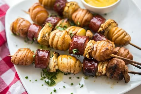 Oktoberfest Sausage, Summer Grill Recipes, Grilled Skewer Recipes, Potato Skewers, Potato Kabobs, Sausage Skewers, Bacon Alfredo, Chicken Bacon Alfredo, Summer Grill