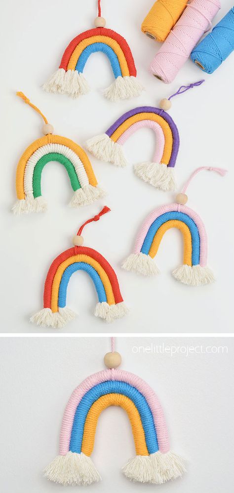 Photo of different color macrame rainbows Kids Krafts Ideas, Simple Macrame Projects, Macrame Rainbow Diy, Macrame For Kids, Embroidery Thread Crafts, Macrame Idea, Snowflake Making, Rainbow Macrame Wall Hangings, Rainbow Project