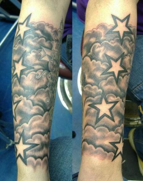 Chest Tattoo Stars, Arm Tattoos Stars, Chest Tattoo Clouds, Shading Tattoos, Clouds And Stars Tattoo, Star Sleeve Tattoo, Cloud Tattoos, Cloud Tattoo Sleeve, Star Tattoos For Men