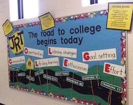 College-Bound Bulletin Boards | The road to success begins today?  Jr. High Room Door Ideas, Counselor Bulletin Boards, School Counseling Bulletin Boards, College Theme, Counseling Bulletin Boards, High School Bulletin Boards, College Bulletin Boards, College Counseling, High School Counseling