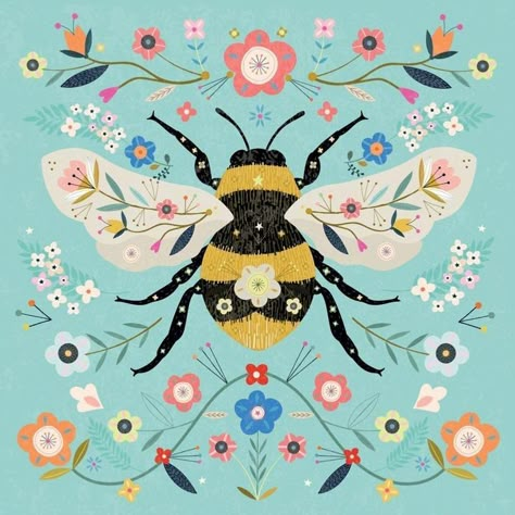 Bee Artwork, Arte Folk, Bee Illustration, Posca Art, Folk Art Flowers, Scandinavian Folk Art, Bee Art, Folk Art Painting, Greetings Card