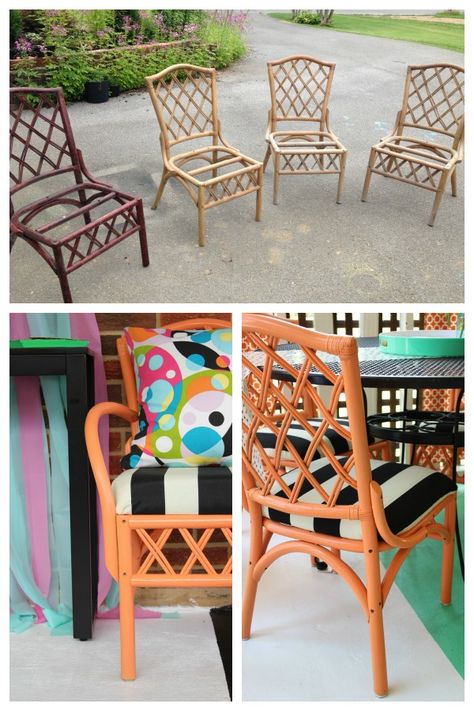 Bamboo Furniture Makeover, Rattan Furniture Makeover, Painting Metal Outdoor Furniture, Chinoiserie Chairs, Painting Patio Furniture, Outdoor Furniture Makeover, Colorful Outdoor Furniture, Painted Outdoor Furniture, Dining Chairs Diy