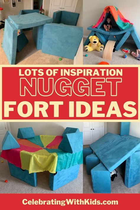 Want to build a fort with your Nugget kids' couch? Heres a ton of build and configuration ideas! One Nugget Forts, Nugget Forts Ideas, Nugget Tent Ideas, Roo And You Build Ideas, Two Nugget Couch Build, 2 Nugget Builds House, Nuggets Couch Ideas, Nugget Play Ideas, 2 Nugget Builds With Slide