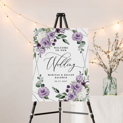 Midsummer Wedding, Welcome To Our Wedding Sign, Greenery Bouquet, Purple Wedding Theme, Wedding Purple, Roses Peonies, Botanical Leaves, Sage Wedding, Watercolor Roses