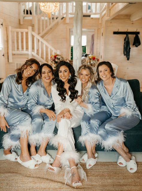 Wedding Day Pajamas, these were a huge hit with EVERYONE! Love the way the pictures turned out. Bridesmaids Pajama Photos, Wedding Day Pajama Set, Bride And Bridesmaids Pajamas, Blue Wedding Pajamas, Pajama Wedding Reception, Bridemaids Pajamas, Winter Bridesmaid Pajamas, Getting Ready Wedding Photos Pajamas, Bride And Bridesmaid Pictures Getting Ready