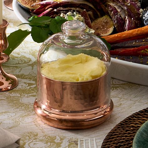 Williams Sonoma Hammered Copper Butter Keeper Elegant Kitchen Organization, Decorating With Copper Accents, Butter Keeper Crock, Butter Dish Ideas, Copper Home Accents, Copper Molds Display Kitchens, Transitional Kitchen Decor, Copper Decor Accents, Unique Kitchenware