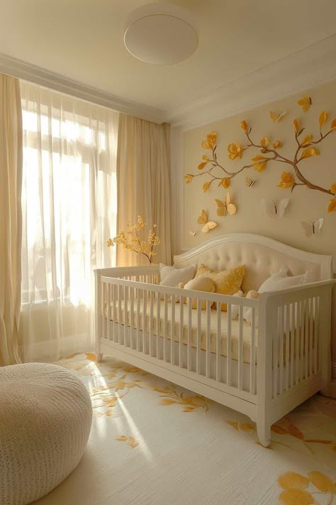 Baby Girl Rooms Ideas, Girly Neutral Nursery, Honey Oak Nursery, Winnie The Pooh Nursery Aesthetic, Nursery For Girls Ideas, Nursery Girls Room, Soft Nursery Ideas, Yellow And Pink Nursery Girl, Soft Yellow Nursery