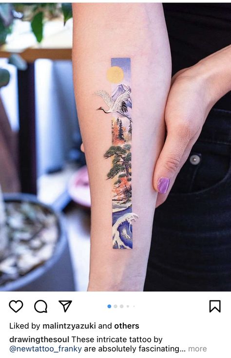 Rectangle Landscape Tattoo, Landscape Arm Tattoo, Tattoos For Dreamers, Vertical Mountain Tattoo, Matching Outdoor Tattoos, Seattle Tattoo Artist, Swiss Alps Tattoo, Colorful Mountain Tattoo, Mt Hood Tattoo