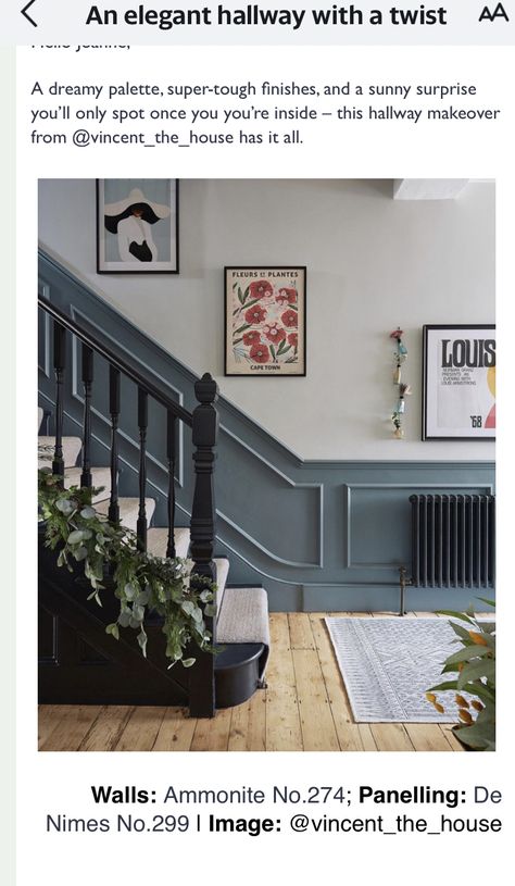 Edwardian Entrance Hall, 2 Tone Panelled Walls, Navy Banister Stairways, 1930s Hallway Decor, Panelled Hallway Colour Ideas, Blue Wall Staircase, 1930s Bannister Ideas, Forest Green Hallway, Period Hallway Ideas