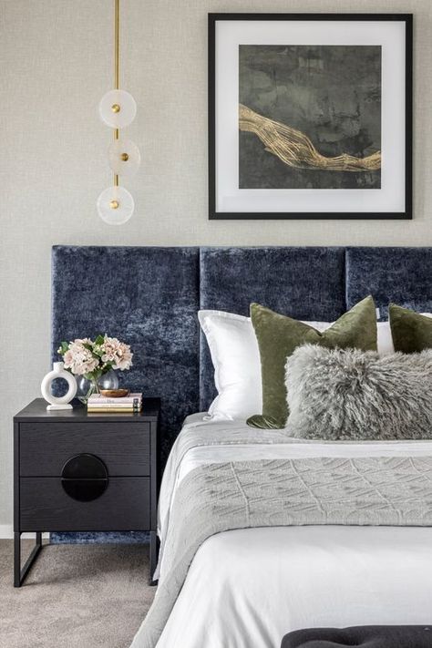 TLC Interiors Extra Wide Headboard, Black Bedside Tables, Luxe Interior Design, Blue Velvet Headboard, Blue And Grey Bedding, Wide Headboard, Contemporary Luxe, Velvet Bedroom, Blue Headboard