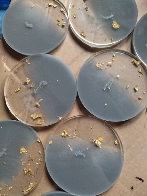 Made new batch of grey resin coasters with gold leafs for an order Gold Resin Coasters, Resin Coasters, Grey And Gold, Resin Jewelry, Epoxy Resin, Flat Lay, Coasters, Personalized Items, Tableware