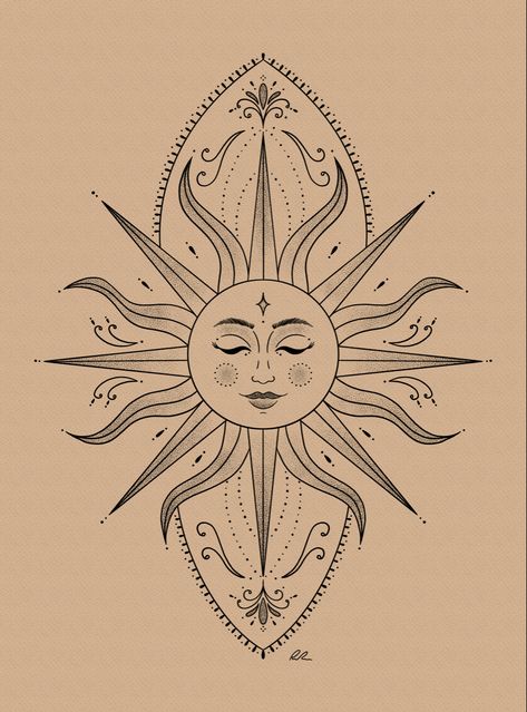 Ornamental tattoo design by Rachell Michelle Art Nouveau Sun Tattoo, Sun And Moon Scales Tattoo, Bohemian Sun Tattoo, Witchy Sun Tattoo, Sun Spine Tattoos For Women, Sun Etching, Ornamental Sun Tattoo, Shoulder Sun Tattoo, La Tattoos Ideas