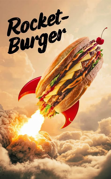 Rocket-burger, poster Burger Poster Design Graphics, Burger Advertising, Burger Advertisement, Burger Poster Design, Poster Burger, Supermarket Ideas, Rocket Poster, Commercial Photography Advertising, Burger Poster