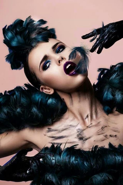 Black bird, fashion, feathers, model Bird Photoshoot, Cradle To The Grave, Fashion Feathers, Bird Makeup, Bird Fashion, Dance Picture Poses, Lingerie Shoot, The Cradle, Studio Photoshoot