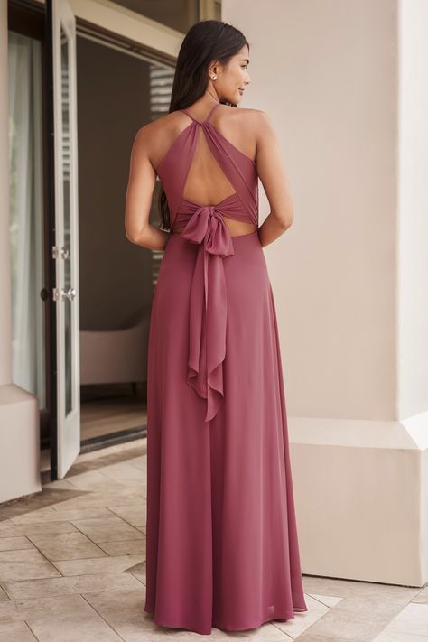 B243008_Stunning Poly Chiffon A-line Boho Gown with Halter Neckline and Open Tie Back Jade Couture, Boho Gown, Bridesmaids Dress Inspiration, Bridesmaids Dress, Chiffon Bridesmaid Dress, Dress Inspiration, Necklines For Dresses, Flowy Skirt, Halter Neckline