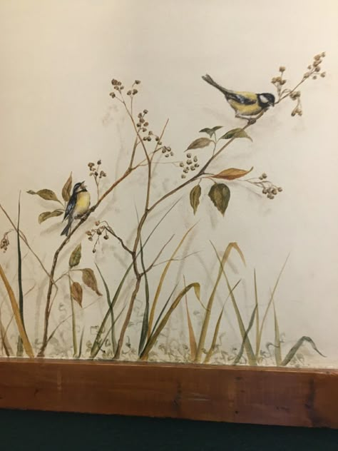 Cottage Mural Ideas, Vintage Wall Murals Painted, Flower Wall Drawing Bedrooms, Bird Painting On Wall, Nature Murals Painted, Trompe L'oeil Murals Ideas, How To Paint A Mural On A Wall, Garden Wall Paint, Unique Wall Painting Ideas Creative