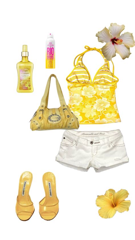 2000 Beach Outfit, Beach Tropical Outfit, Summer Outfit Tropical, Y2k Yellow Outfit, Yellow Y2k Outfit, Key West Kitten Outfits, Yellow Beach Outfit, Y2k Beach Outfit, Tropical Aesthetic Outfit