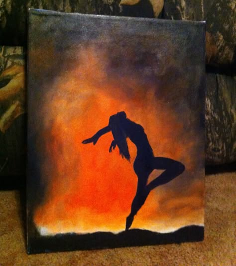 Dancing fire painting Canvas Silhouette Painting, Strength Painting Ideas, Woman On Fire Painting, Acrylic Silhouette Painting Ideas, Fire Painting Ideas, Silouttes Art Painting, Fire Painting Acrylic Easy, Dancer Painting Easy, How To Paint Fire