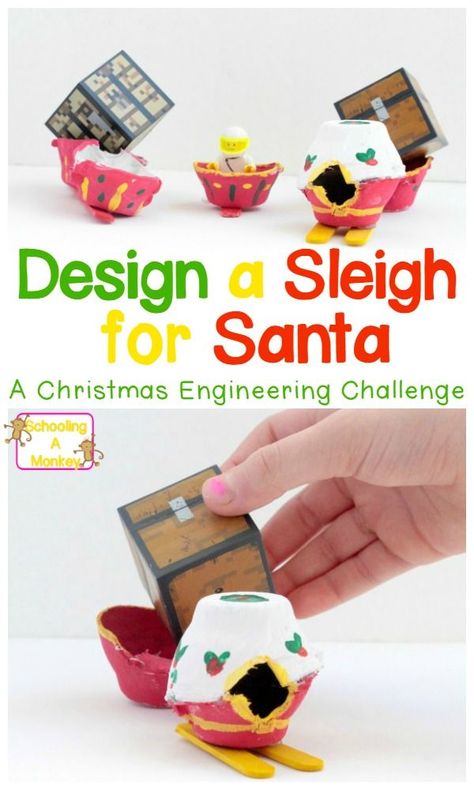 Become a Christmas engineer with this simple sleigh building challenge using egg cartons! Kids will love this Christmas STEM challenge. Play Dough Christmas, Christmas Activites, Christmas Stem Challenge, Makerspace Activities, Homeschooling Elementary, Christmas Stem Activities, Winter Stem, Library Christmas, Steam Lab