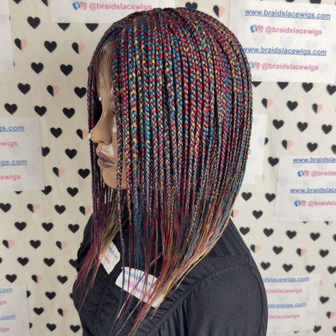 Multi Colored Box Braids Wig. To order, go to the link 👉 www.braidslacewigs.com . . . . . . . . . . . . . . . . . . . . #boxbraids #boxbraidwig #boxbraidstyles #boxbraidscolors #braidedwigs #braidedwig #braidwigs #multicolorhair #colorfulbraids #curlybraids #lacefrontwig #wigsforsale #blackownedbusiness #frontalwig #lacewig #wigmaker #wigsforblackwomen #bestbraids #closurewig #ombrebraids #bestbraider #purplebraids #frontalwig #mixedhairstyles #blackgirlmagic #braidgang #hairnbeautydirectory... Multi Colored Box Braids, Black And Purple Box Braids Mixed, Purple Ombre Box Braids, Box Braids Wig, Braded Wig, Purple Braids, Colored Box Braids, Curly Braids, Multi Colored Hair