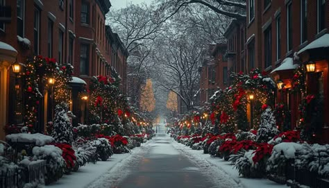 A stunning winter scene of a Christmas-decorated street with twinkling lights, snow-covered greenery, and brick buildings. Perfect for a cozy holiday desktop wallpaper. Christmas Wallpaper Desktop 1920x1080, Cozy Christmas Desktop Wallpaper, Christmas Scenery Wallpaper, Holiday Desktop Wallpaper, Winter Holiday Wallpaper, Christmas Street Lights, Christmas In New York City Aesthetic, Winter Desktop Wallpaper, Traditions For Christmas