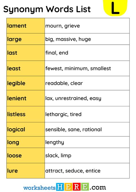 Synonym Words List Start with L Vocabulary PDF Worksheet For Students and Kids - WorksheetsHere.com Words List, Word List, Vocabulary