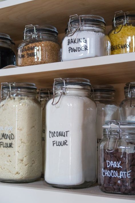 Organized Baking Cupboard, Glass Food Storage, Pantry Items, Air Tight Glass Containers, Farmhouse Baking Pantry, Mason Jar Kitchen Storage, Cupboard Pantry Organization, Baking Pantry, Baking Cupboard, Cupboard Organization, Diy Storage Containers, Baking Storage, Diy Pantry Organization, Pantry Jars