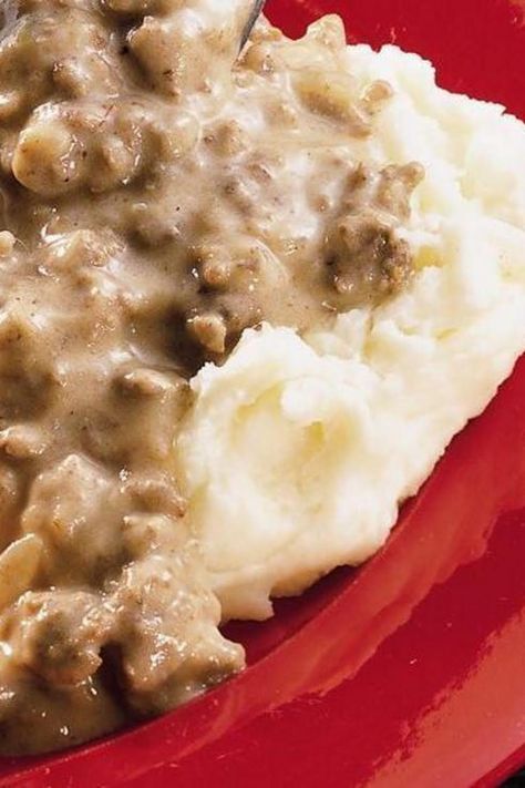 Mashed Potatoes Ideas, Ground Beef Mashed Potatoes, Recipes Hamburger Meat, Beef Mashed Potatoes, Potatoes Ideas, Hamburger Gravy Recipe, Recipes Hamburger, Hamburger Gravy, Trendy Recipes