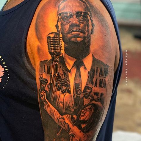 Malcolm X Tattoo Design, Malcom X Tattoo Design, Black Lives Matter Tattoo Ideas, Black Power Tattoo Men, Blm Tattoos, Black Excellence Tattoo, Malcolm X Tattoo, Black Culture Tattoos Men, Black Power Tattoo