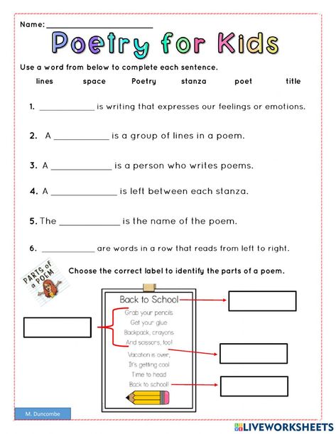 Parts Of A Poem, Poem Worksheet, All About Me Activities, About Me Activities, Poetry For Kids, Online Activities, A Poem, School Subjects, Online Workouts