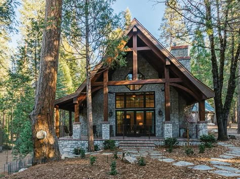 ... Designed by Yosemite Drafting & Design, this stone cottage in the woods was inspired by ... Stone And Wood, Cabin Exterior, Rustic Home Design, Cottage In The Woods, Timber Frame Homes, Timber House, Stone Cottage, Tiny House Cabin, Cabin In The Woods