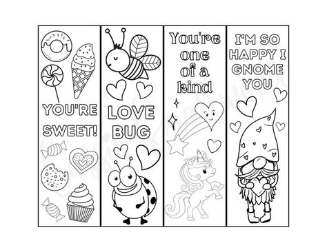 Free printable Valentine's Day coloring bookmarks for kids black and white with sweets, love bug, unicorn, and gnome Valentine Ideas From Teacher To Student, Printable Valentines Bookmarks For Kids, Printable Kids Valentine Cards, Free Valentine Bookmark Printable, Valentine Bookmarks For Kids, Free Printable Valentines For Kids, Valentines Day Bookmarks Free Printable, Valentines Day Bookmarks, Valentine Cards Printable Free