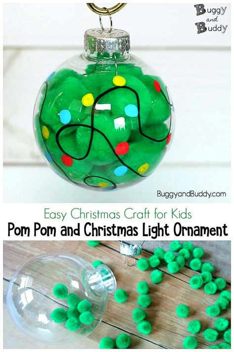 Diy Ornaments Kids Plastic Ball, Homemade Plastic Ball Ornaments, Pom Pom Christmas Tree Ornaments, Ornament Ball Crafts For Kids, Green Ornament Ideas, Christmas Ball Ornaments Diy Kids, Diy Clear Ornaments Kids, Diy Kids Clear Ornaments, Clear Ball Ornament Ideas Kids