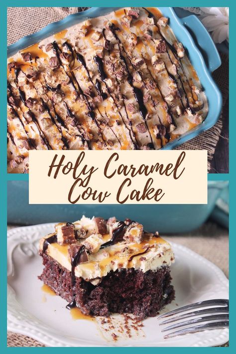 This Holy Caramel Cow Cake is the perfect cool and creamy dessert for the chocolate and Caramel lovers in your life. It will make them say HOLY COW!! Twix Cake, Candy Bar Cake, Cow Cake, Cow Cakes, Chocolate And Caramel, Dessert Simple, Poke Cake Recipes, Rich Desserts, Rich Chocolate Cake