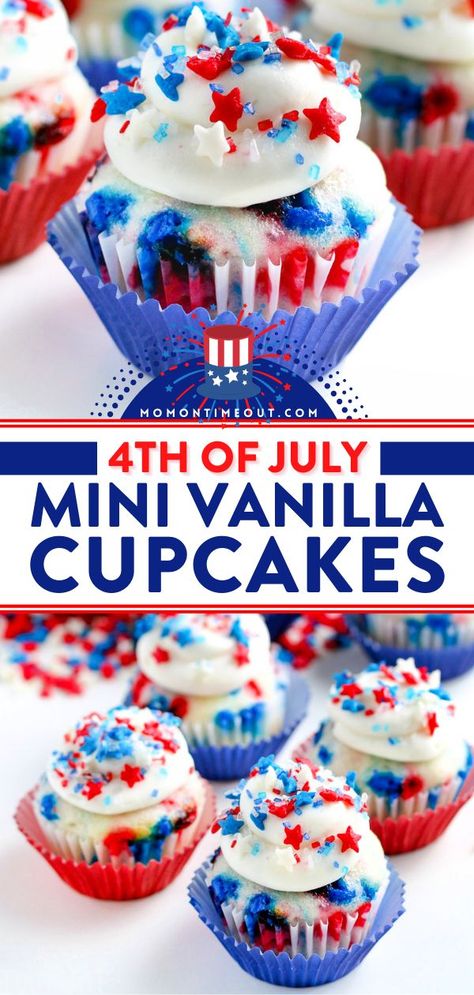 4TH OF JULY MINI VANILLA CUPCAKES, 4th of july desserts 4th Of July Muffins, Mini Vanilla Cupcakes, 4th Of July Dessert, Almond Cupcakes, Blue Sprinkles, Mini Cupcake Pan, Vanilla Cupcake Recipe, Sprinkle Cupcakes, Homemade Cupcakes