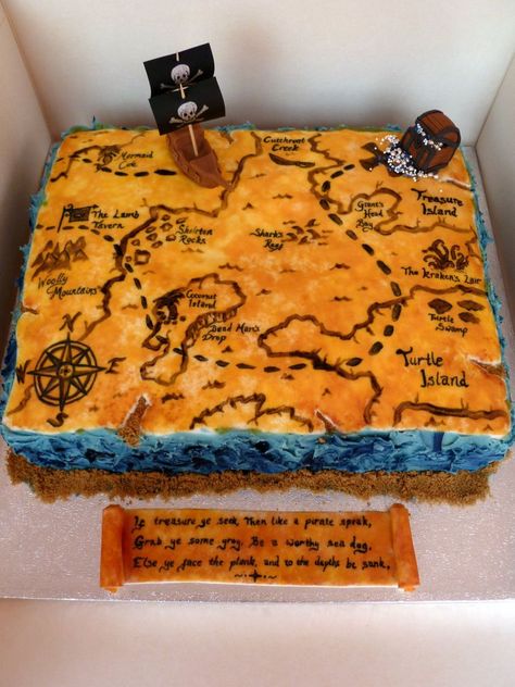 Treasure Map Cake by Rebeckington on deviantART Treasure Map Cake, Treasure Chest Cake, Pirate Cakes, Map Cake, Pirate Fancy Dress, Kraken Rum, Talk Like A Pirate Day, Pirate Themed Birthday, Pirate Treasure Maps