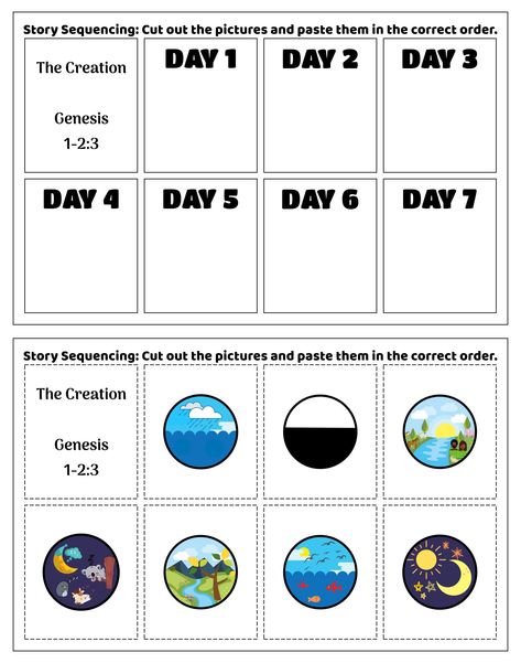 Creation Story Art Projects, Story Of Creation Activities, Seven Days Of Creation Crafts, Creation Worksheets Free Printables, Creation Printables Free, Creation Worksheets For Kids, God Creation Activities For Kids, 7 Days Of Creation Printable Free, Creation Coloring Pages Printables Free