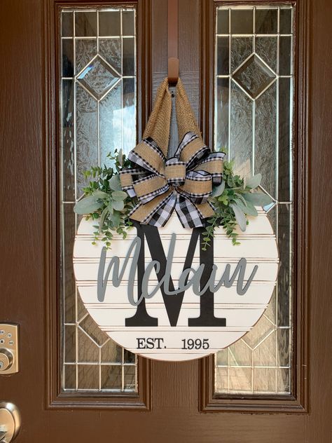 Family Front Door Signs, Door Wreath With Initial, Door Signs With Last Name, Personalized Wreaths For Front Door, Door Hangers Initial, Diy Front Door Sign Last Name, Front Door Last Name Sign, Monogram Front Door Decor, Wedding Gift Door Hanger