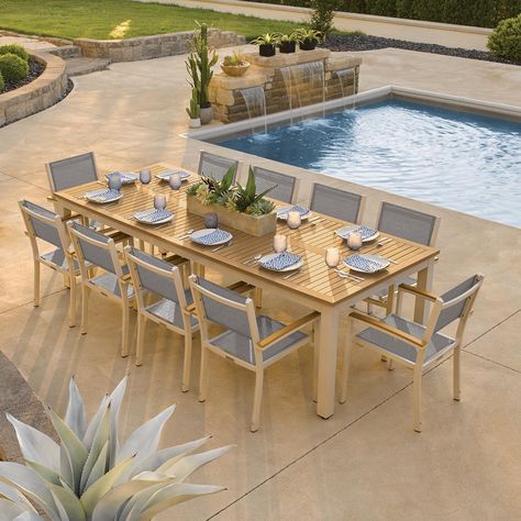 Bring clean, contemporary design to your patio with the Travira collection from Oxford Garden. The table and chair frames are made with powder-coated aluminum, which is both lightweight and durable. Rust proof and weather resistant, aluminum is perfect for outdoor applications. The Titanium sling material is uniquely suited for outdoor furniture. The fabric is woven with PVC coated polyester, making it durable and easy to maintain. This material is also quic... Aluminum Patio, Patio Dining Set, Small Patio, Rectangular Dining Table, Outdoor Dining Set, Patio Table, Outdoor Dining Table, Patio Dining, Vintage Table