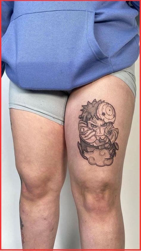 Obito Uchiha Tattoo For Thigh Obito Tattoo Design, Obito Mask Tattoo, Obito Uchiha Tattoo Ideas, Obito Tattoo Ideas, Obito Tattoo, Naruto Obito Uchiha, Uchiha Tattoo, Obito Mask, Naruto Obito