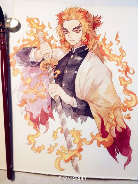 Rengoku Watercolor Painting, Rengoku Watercolor, Manga Watercolor Anime Art, Demon Slayer Watercolor, Colourful Drawing Ideas, Anime Watercolor, Manga Watercolor, Best Anime Drawings, Anime Boy Sketch