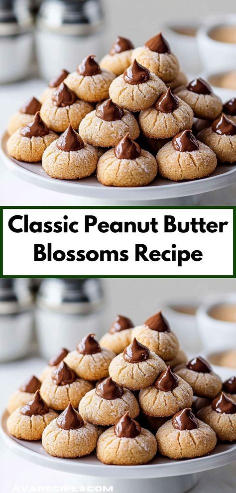 Looking for a nostalgic cookie that everyone loves? This Classic Peanut Butter Blossoms Recipe offers a delicious blend of creamy peanut butter and chocolate. It's quick to prepare, making it an ideal choice for last-minute gatherings. Peanut Butter Kiss Cookies Recipe, Peanut Blossom Cookies, Kiss Cookie Recipe, Chocolate Kiss Cookies, Soft Chewy Cookies, Peanut Butter Blossoms Recipe, Peanut Butter Kiss Cookies, Peanut Blossoms, Peanut Butter Blossom Cookies