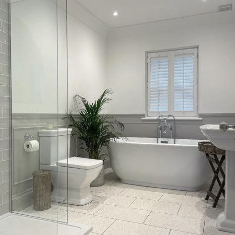 Panelled Bathroom Ideas, Bathroom With Paneling, Bathroom Panelling Ideas, Victorian Terrace Bathroom, Bath Under Window, Bathroom Panelling, Modern Cottage Bathroom, Bathroom Main, Family Bathrooms