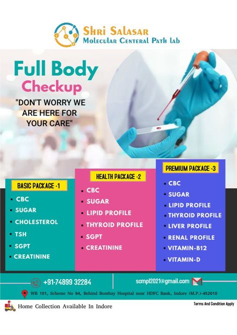 Book a Full Body Checkup with Shri Salasar Path Lab. Book Your Package Today Basic Package Health Package Premium Package Shri Salasar Assures: ✓ Best Offers on Health Packages ✓ Safe Home Sample Pickup... ✔ Vaccinated Technicians ✔ Certified Labs... ✔ Accurate reports - Contact for Checkup :- +91-7489932284 Gmail Id:- scmpl2021@gmail.com - - #health #samples #pathology #technicians #bodycare #bodycheckup #Certifiedlab #lab #ShriSalasarPathLab Health Checkup, Pathology Lab, Basic Anatomy And Physiology, Medical Posters, Lipid Profile, Premium Packaging, Catalog Design, Anatomy And Physiology, Health Check