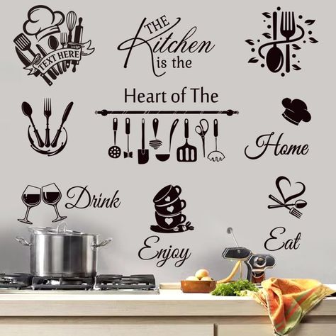 PRICES MAY VARY. Package Contents: The Vinyl wall stickers include one set of the kitchen is the heart of the home, and kitchen assessor. You can refer to the product pictures for specific product dimensions or DIY by you own ideas. Suitable Size: Our kitchen wall decal sheet size 35.5 x 11.8 inch, when you finish size about 22.3 x 21 inch. Large size wall sticker are very attached to kitchens, restaurants, cafes, home decoration. Funny Kitchen Art: Our kitchen quotes decals will make your kitch Kitchen Wall Decals Ideas, Kitchen Wall Drawing Ideas, Kitchen Quotes Decor, Wall Stickers Kitchen, Funny Kitchen Art, Wall Drawing Ideas, Kitchen Wall Quotes, Stickers Kitchen, Kitchen Wall Decals