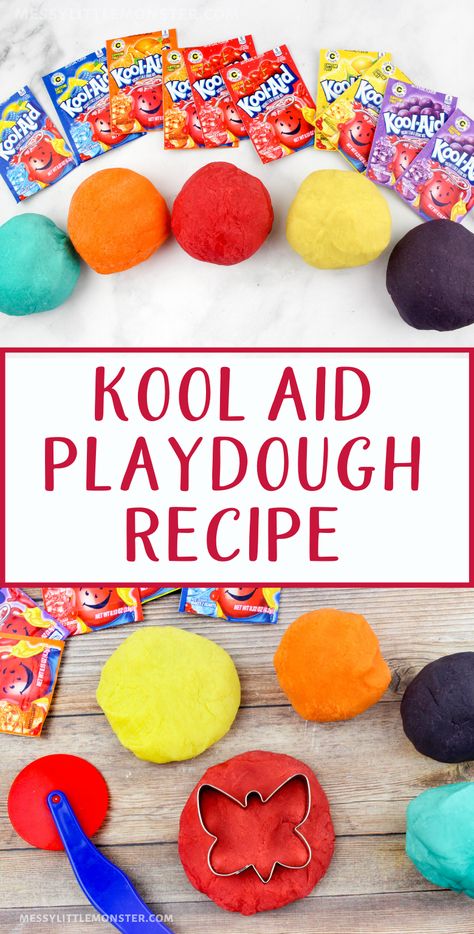 Kool Aid Playdough Recipe, Kool Aid Playdough, Kool Aid Play Dough Recipe, Kool Aid Pie Recipe, Cream Of Tartar Recipe, Koolaid Playdough, Best Homemade Playdough Recipe, Make Playdough, Kool Aid Flavors