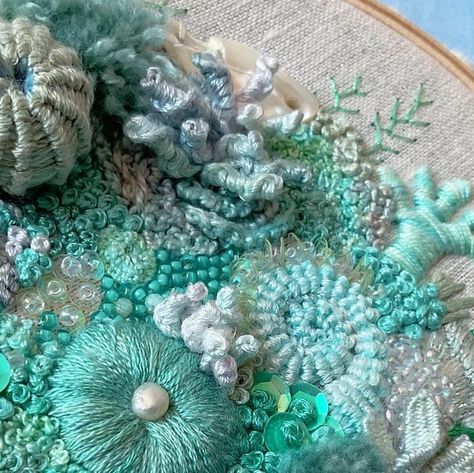 Coral! Bookings via @hobbysewfigtree #embroidery #hoopart #textileart #handstitched #embroideryclass #workshop | Instagram Embroidered Coral Reef, Coral Hand Embroidery, Free Form Embroidery, Coral Embroidery Design, Coral Textiles, Stuffed Embroidery, Matchbox Stuffing, Ocean Textiles, Encrusted Embroidery